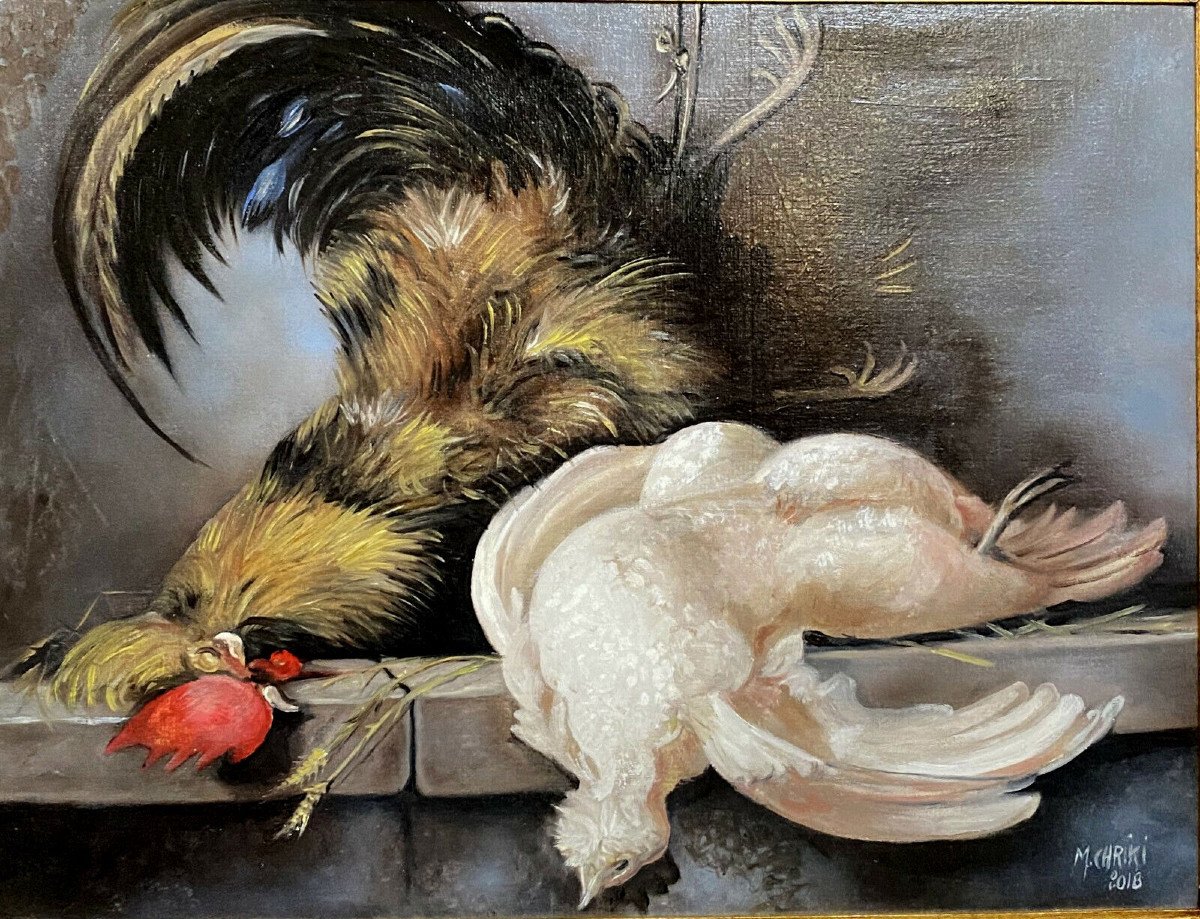 école orientaliste XXeme / XXIeme par Moulay Yacoub de Chriki: Huile sur toile nature morte aux poules