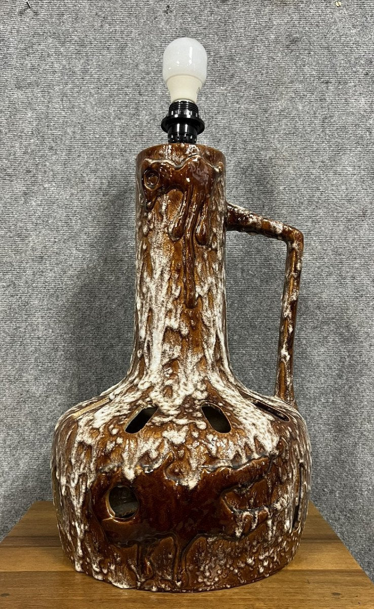 Grande Lampe Vintage année 70 en céramique brune a glaçure