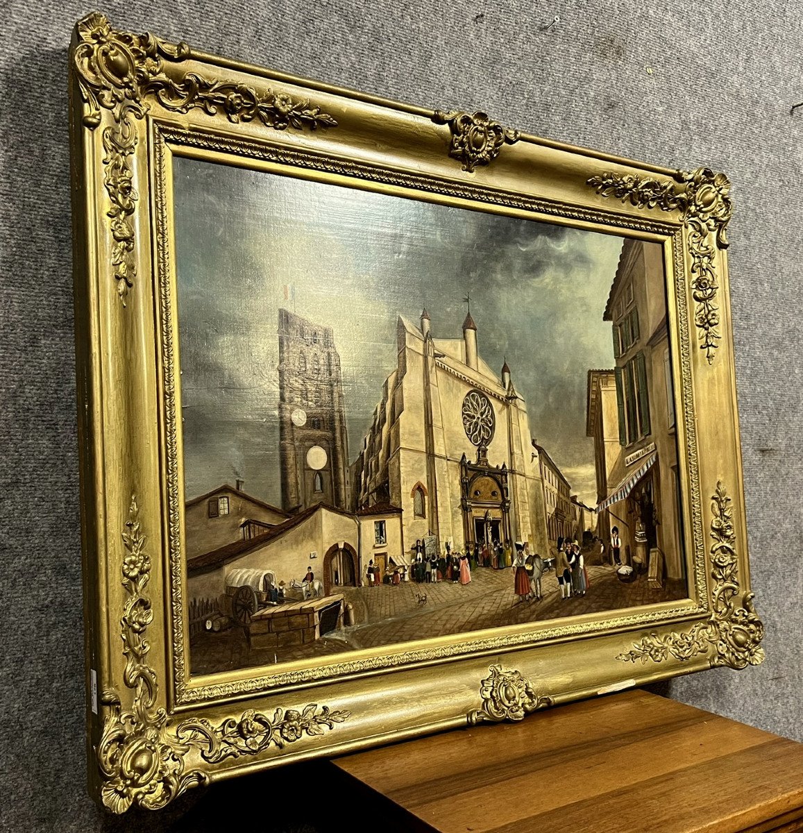 École Française du XIXeme : grande huile sur panneau avec un superbe cadre en bois doré