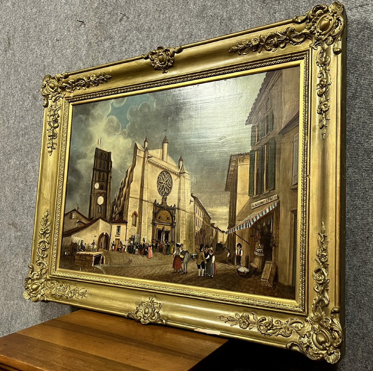 École Française du XIXeme : grande huile sur panneau avec un superbe cadre en bois doré