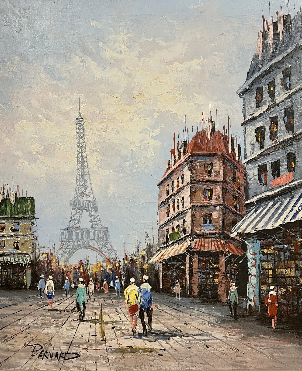 Bernard : Magnifique huile sur toile vue de la tour Eiffel a Paris vers 1970