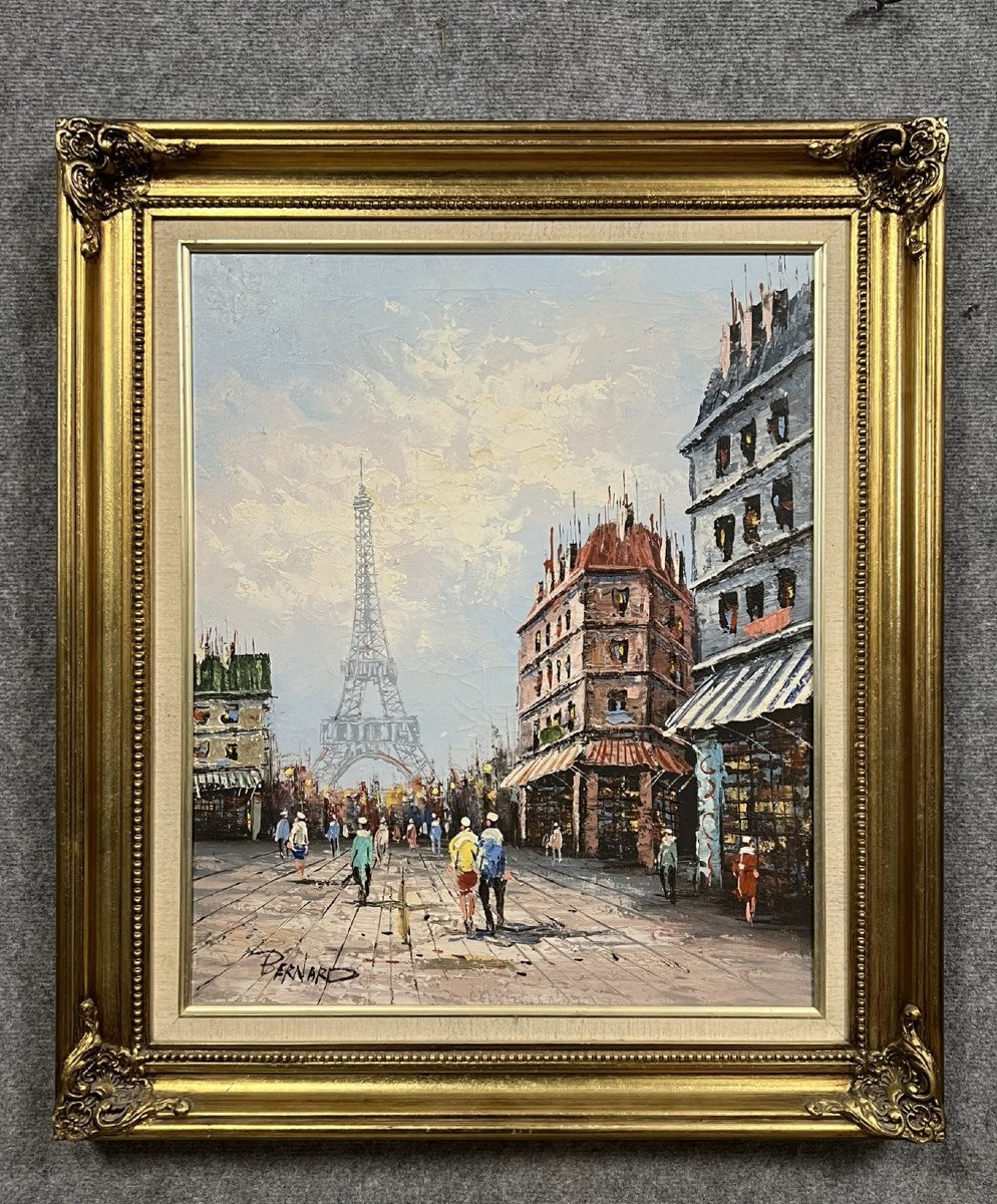 Bernard : Magnifique huile sur toile vue de la tour Eiffel a Paris vers 1970