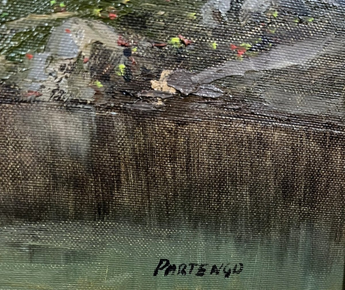 Francesco PARTENGO (1912-1980) : huile sur toile vue animée d'un paysage piémontais vers 1940