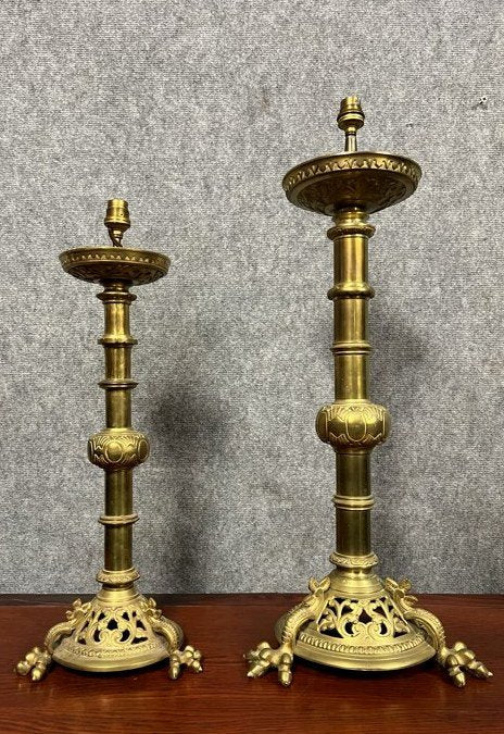 paires de Chandeliers d’église en bronze et laiton doré époque Empire