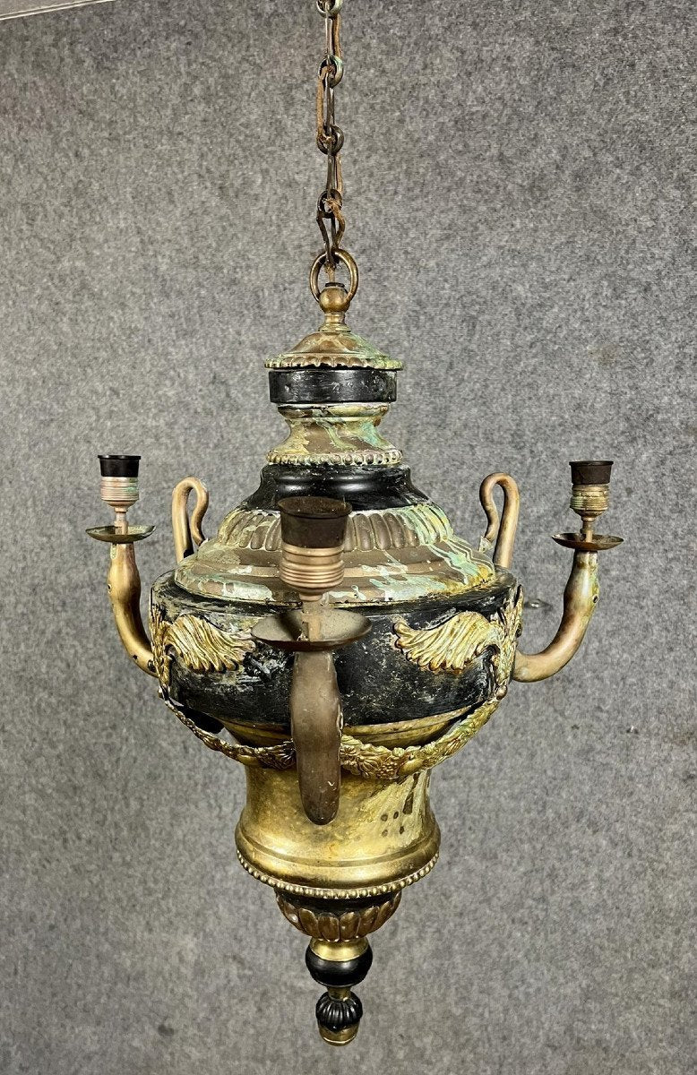 lustre lanterne Empire en bronze et tôle peinte vers 1850