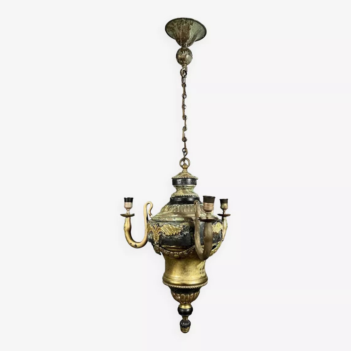 lustre lanterne Empire en bronze et tôle peinte vers 1850