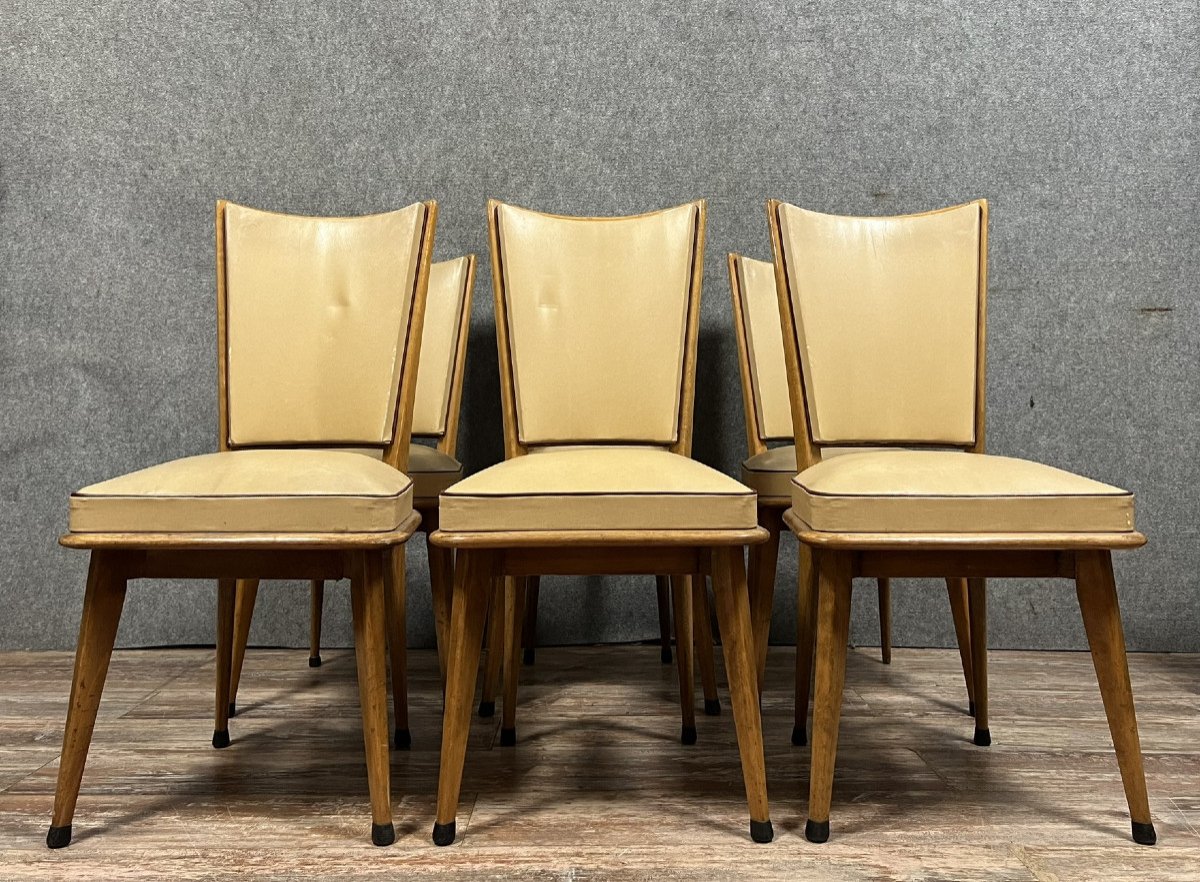 Série de 6 chaises vintage des années 1970 en bois clair