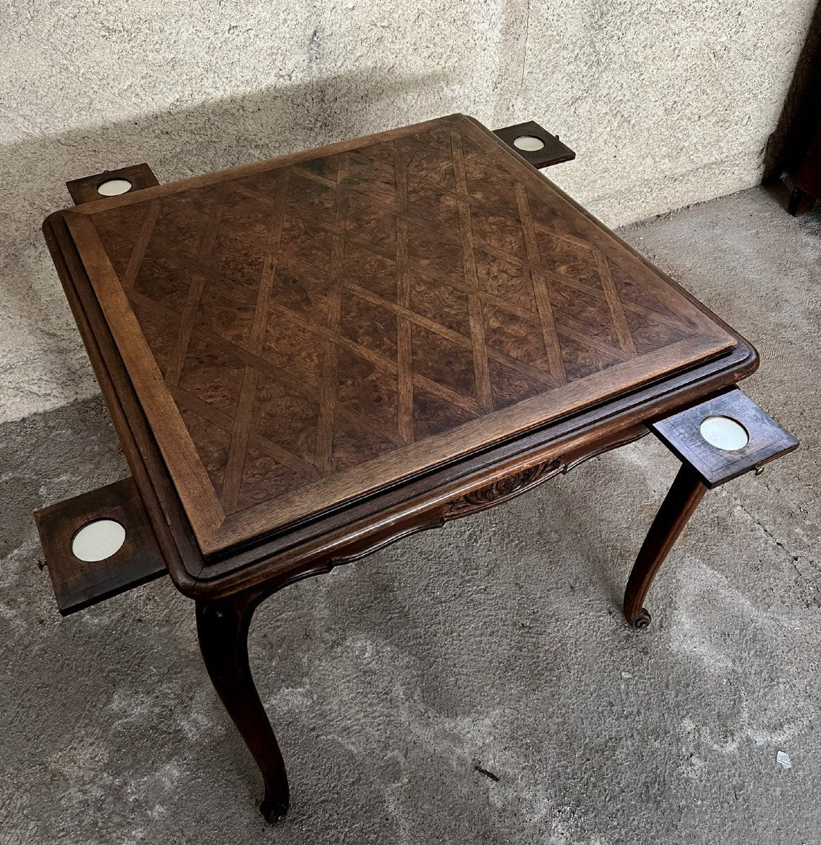 table a jeux style Louis XV Provençale en marqueterie vers 1880