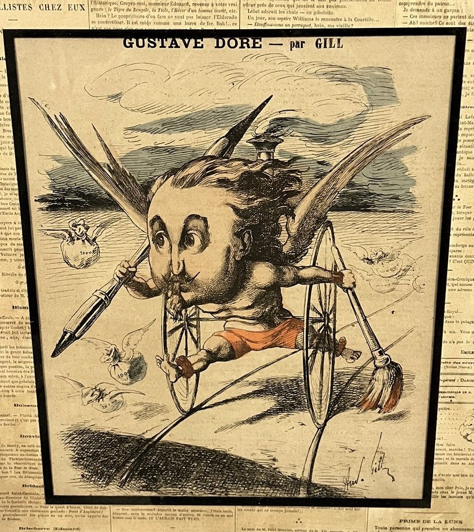 Caricature de Gustave Doré par le dessinateur Gill dans le journal satirique L'Eclipse, datant du 3 mai 1868