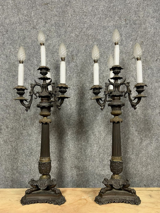 paire de grands candélabres époque Empire en bronze et antimoine