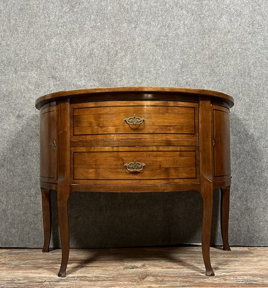 commode demie lune style Transition Louis XV / Louis XVI en acajou marqueté de filets d’ébène circa 1880