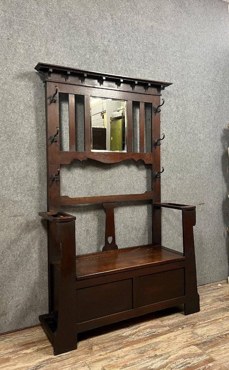 porte manteaux a fonction de banc coffre époque Art Nouveau en acajou vers 1900