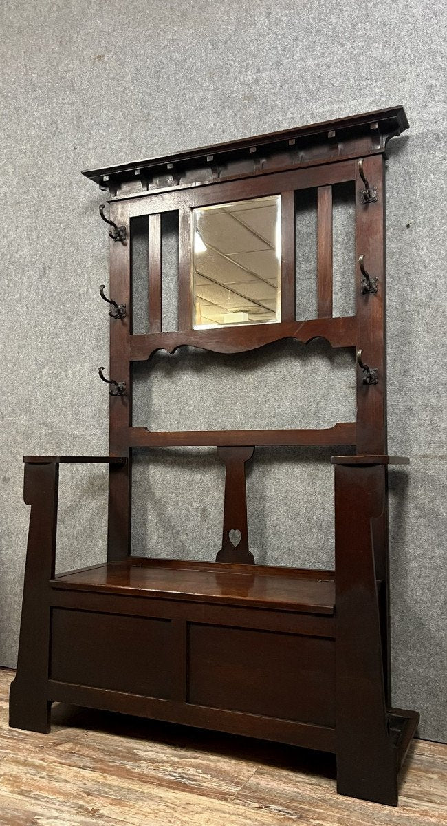 porte manteaux a fonction de banc coffre époque Art Nouveau en acajou vers 1900