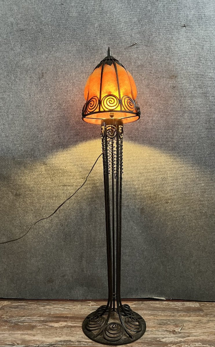 Edgar Brandt et Daum (d'après) : grand lampadaire torchère style ART DÉCO en pâte de verre circa 1950