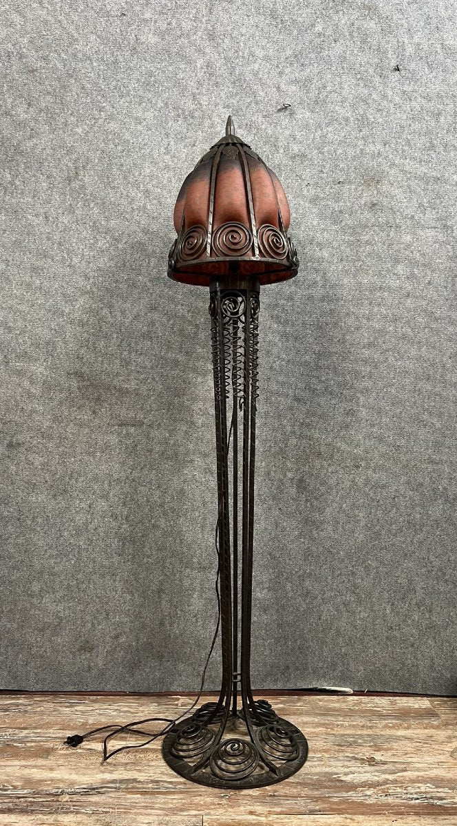 Edgar Brandt et Daum (d'après) : grand lampadaire torchère style ART DÉCO en pâte de verre circa 1950